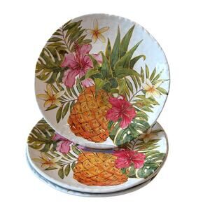 Bungalow Hibiscus Pineapple Melamine Dinner Plates 11in Set of 4 Tropical NEW